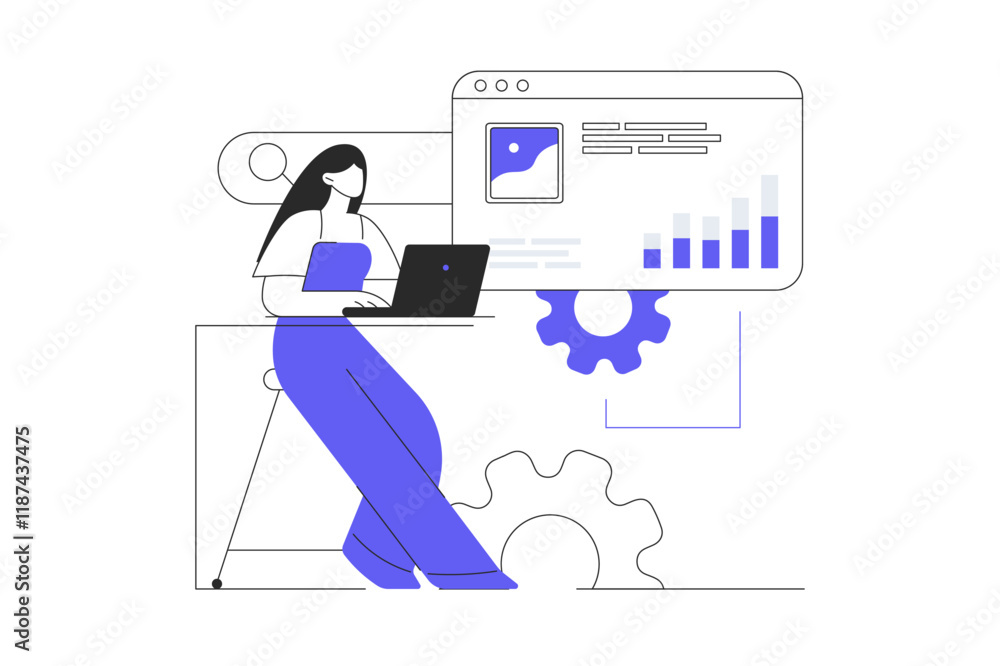 Sticker seo optimization concept design. woman adjusts site metrics, analyzes keywords and optimizes data se