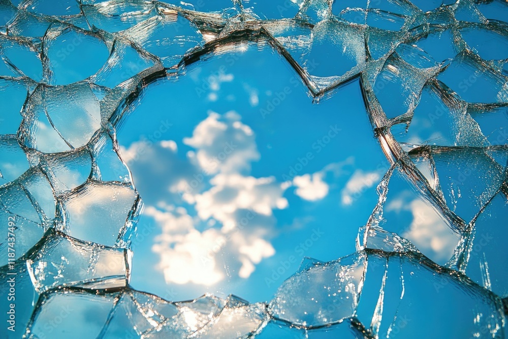 Poster a broken glass window with the sky visible through the shattered fragments, ideal for use in scenes 
