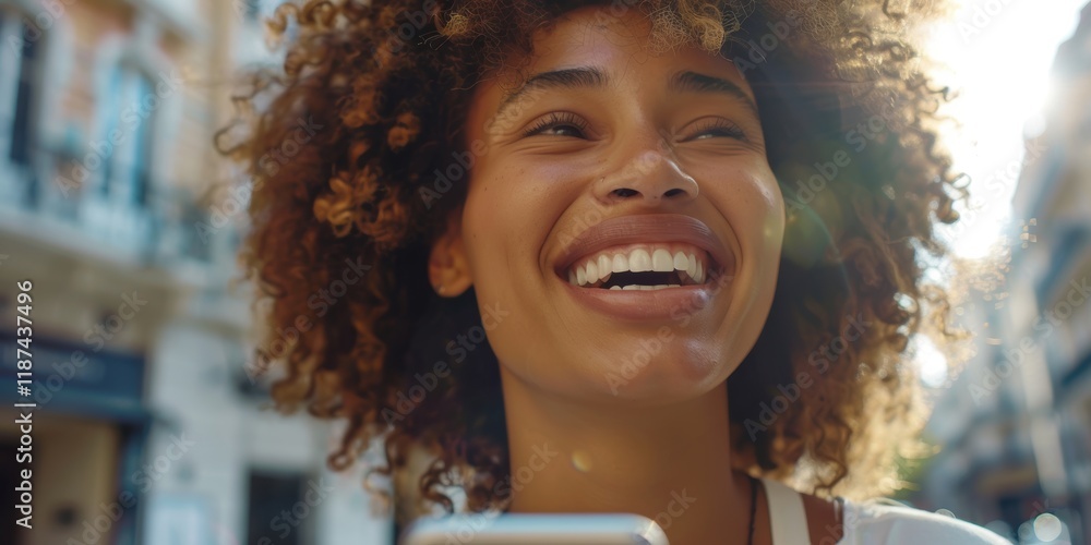 Poster woman engaged in a phone call, discussing and consulting using 5g technology, featuring speech-to-te
