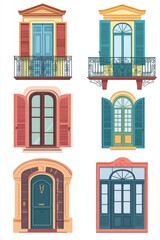 Obraz premium A set of colorful windows and balconies with varying designs