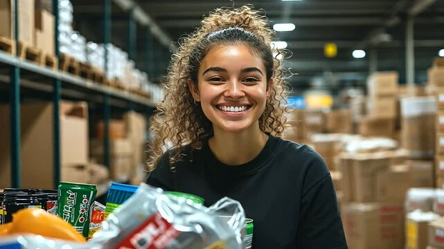 A young woman smiles widely as she fills up bags with juice cartons and cans of vegetables, creating a warm, community-driven atmosphere in the food bank warehouse.