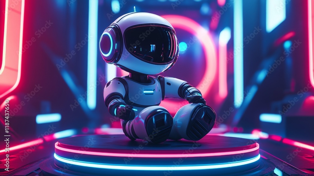 Poster a light red neon portal features a floating, cute blue polygonal futuristic bot assistant, surrounde