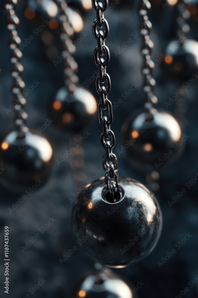 Poster a bunch of metal balls suspended from chains, creating a visually striking display