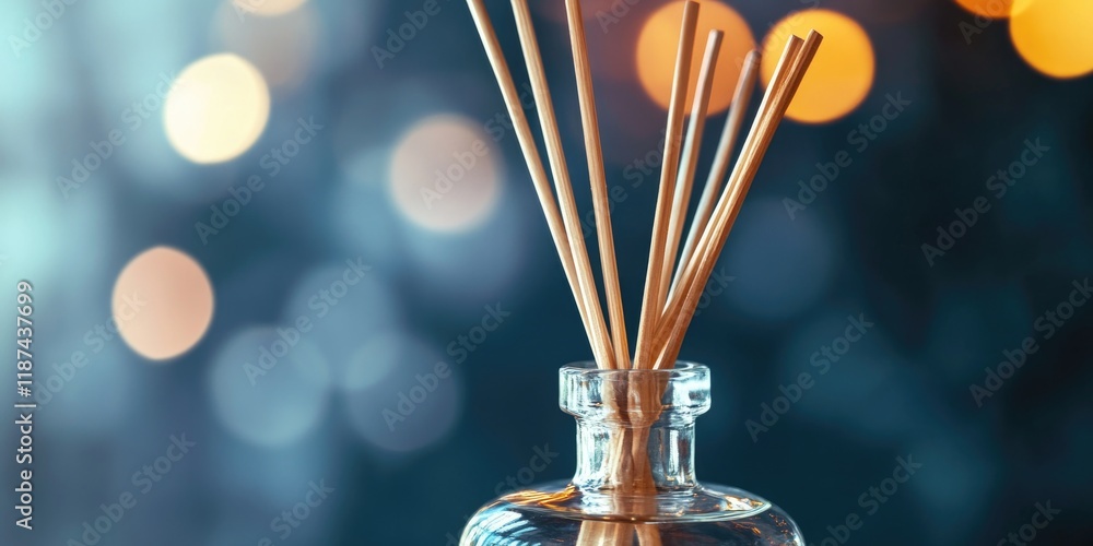 Poster a glass bottle filled with reeds sits on a table, a simple yet elegant composition