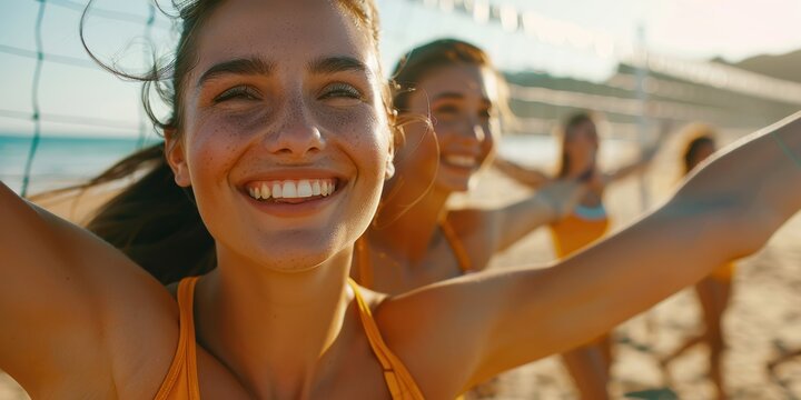 Female volleyball team stretching on the beach, eager for the upcoming match. They engage in teamwork, fitness, and warm-up exercises in the sand
