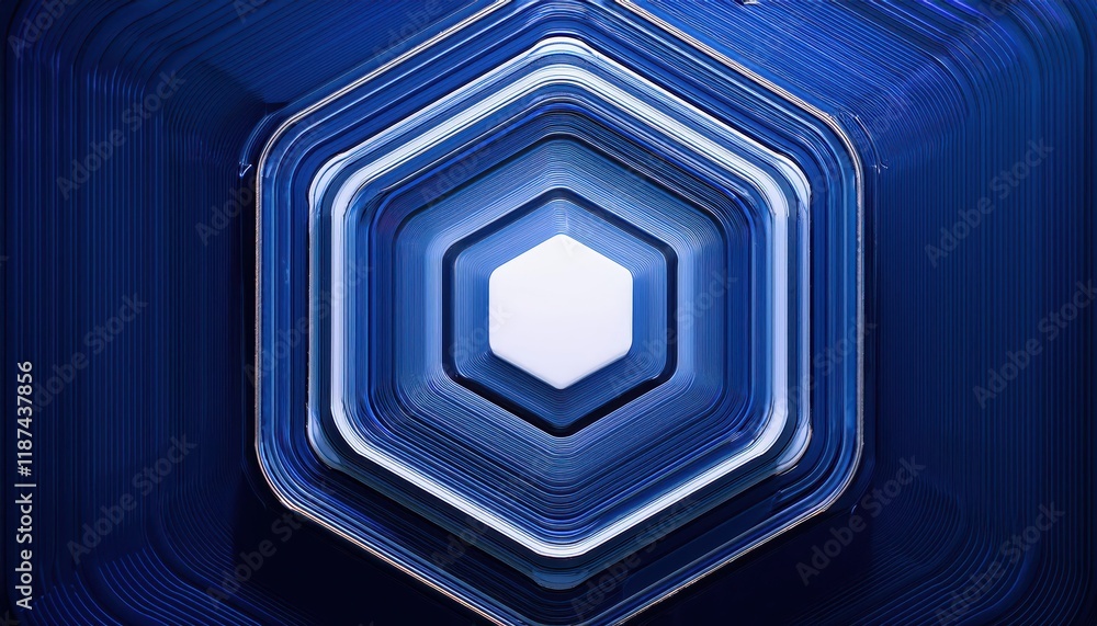 Poster striking hexagonal navy background texture with radial center space and 3d illustration, emphasizing