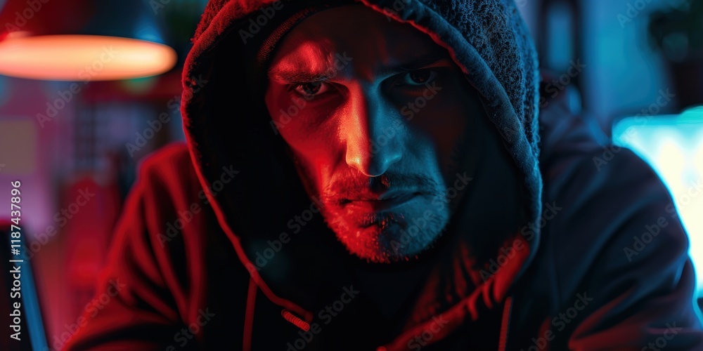 Poster individual in a dark hoodie surrounded by neon lights, focused on cybersecurity concepts, software c