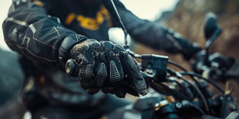 Motorcycle, sporting equipment, and a persons hands prepared for a challenge. Rider, gloves, and set for a competitive experience, showcasing adventure, strength, and cycling