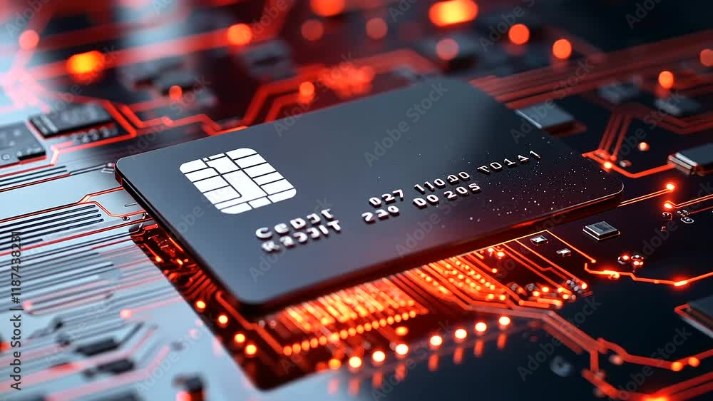 Poster a high-tech digital lock with a holographic interface secures a credit card on a glowing circuit boa