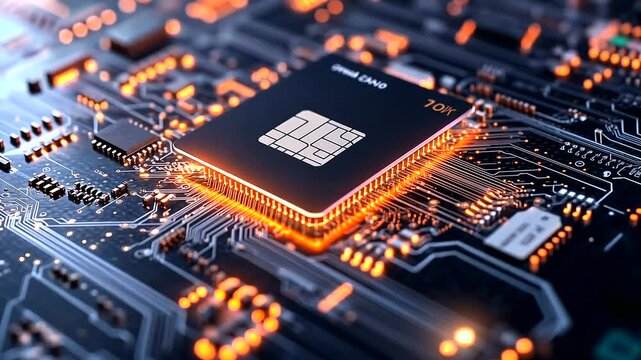 A glowing digital lock secures a credit card on a futuristic circuit board, with intricate lines and glowing connections symbolizing robust online payment security.