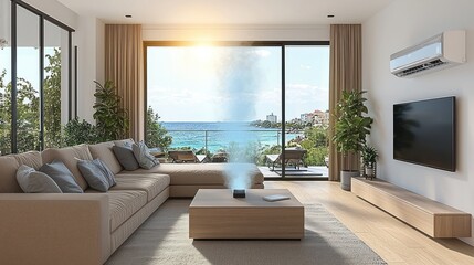 Modern living room with ocean view and plants.