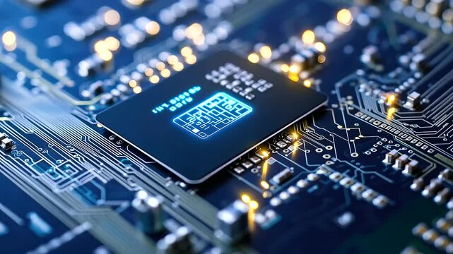 A digital lock in glowing blue encircles a credit card resting on a detailed circuit board, with lines of encrypted data traveling through the circuit, signifying secure online tra