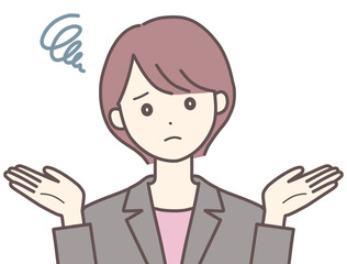 両手を広げて困った表情のスーツの女性（肌の色あり）