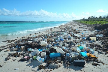 A beach littered with waste and debris, near the ocean