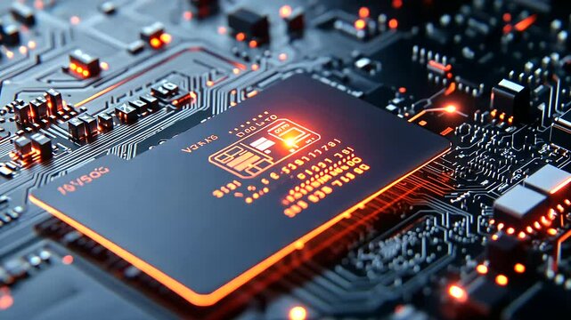 A close-up view of a digital lock secures a credit card on a circuit board, as encrypted data flows along glowing pathways, demonstrating the safety of online payments.