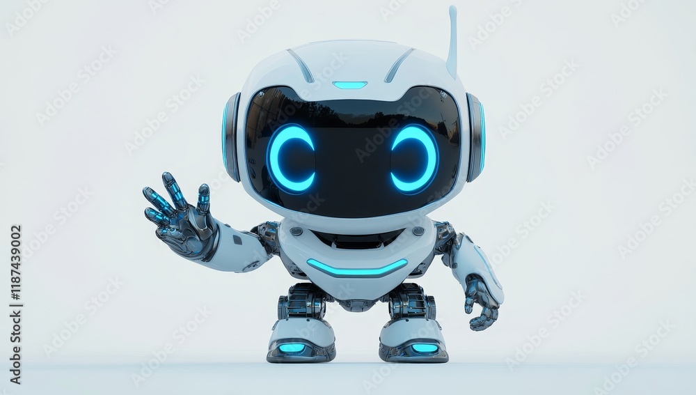Poster the tiny, shiny robot, resembling a futuristic little man, assists with its sparkling, technological