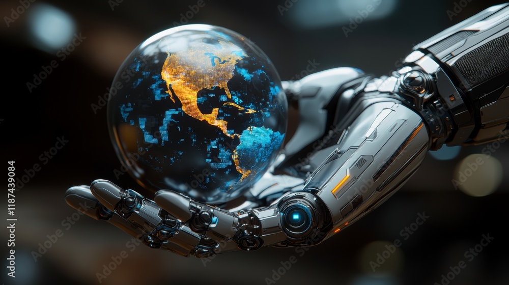 Poster in the video, a metallic robot holds a blue globe in its hand, and its white robotic arm is on displ