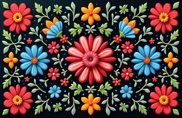 Colorful floral design on black background. Vibrant flowers, leaves create traditional Mexican embroidery pattern. Hand-made style. Summery bright colors. Latin American theme. Decorative pattern