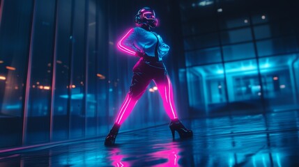 A brightly lit, futuristic robot figure, posed dramatically, shines with neon pink and blue lights in an empty building.