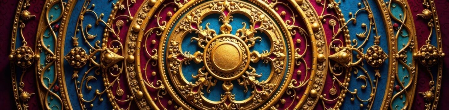 Golden Aum within ornate mandala, circular frame , print, texture