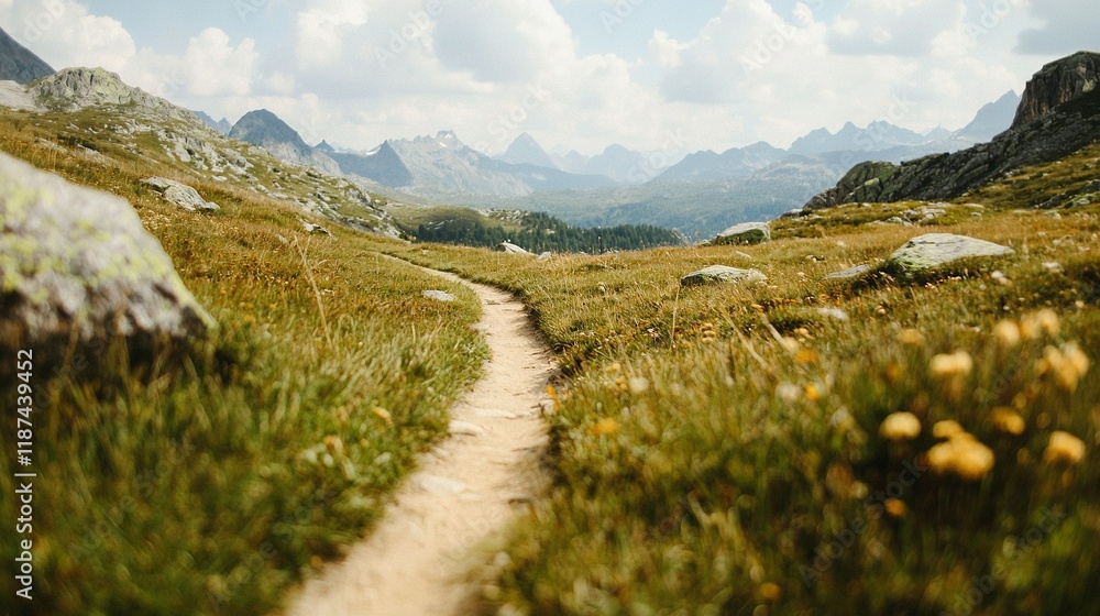 Poster a grassy field path with mountains in the background and clouds overhead