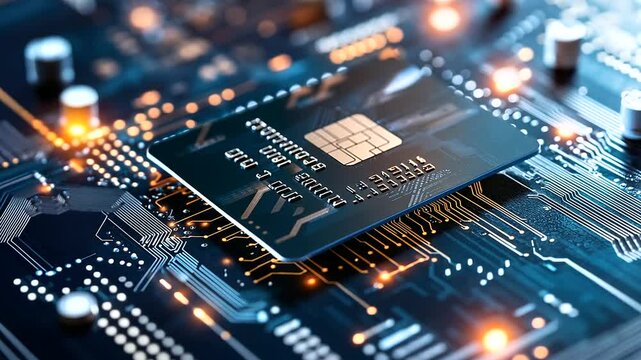 A high-tech digital lock encloses a credit card on an intricate circuit board, while encrypted code flows smoothly through the board, highlighting online payment security.