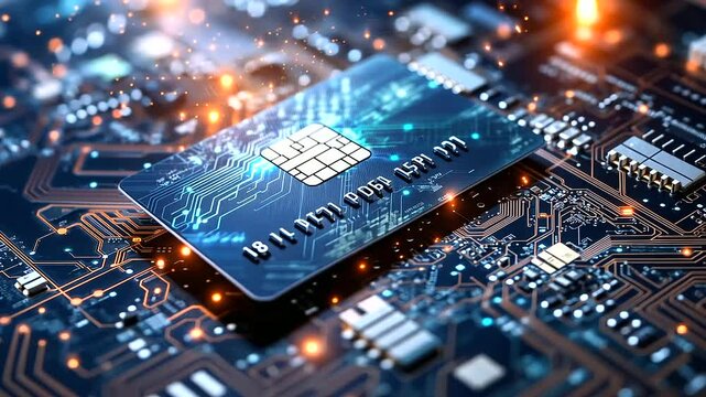 A digital lock secures a credit card within a futuristic circuit board, with surrounding holographic data security symbols, emphasizing the security of online payments and transact