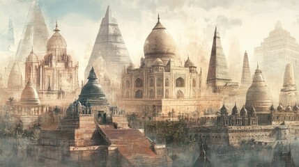 Fototapeta premium Ancient city, many domes, pyramids, hazy atmosphere.