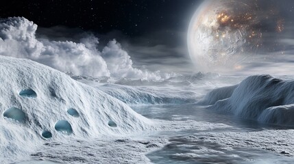 Visualization of astrobiology icy moons showcasing potential signs of life beneath Europas frozen crust illuminated by cosmic light and interstellar energy