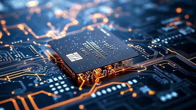 A credit card lies on a glowing circuit board, encased by a digital lock, with data streams symbolizing secure online payment systems and fraud protection.