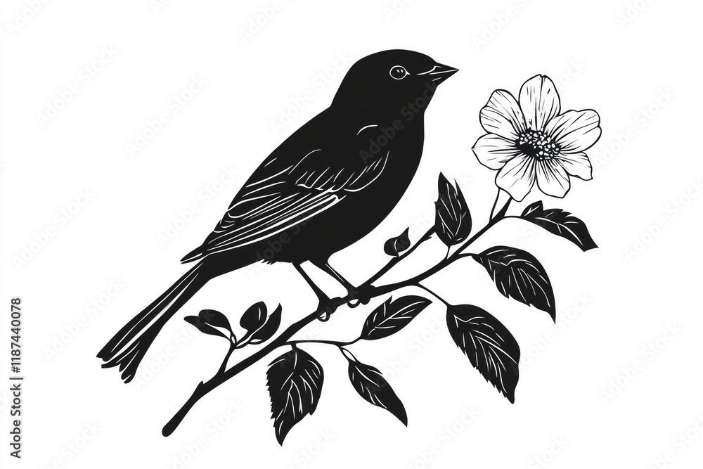 Poster a bird sitting on a branch with a flower in bloom, perfect for nature and wildlife themes