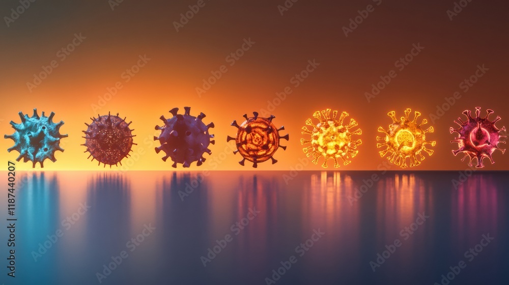 Poster Progression of virus forms displayed from basic structures to complex structures in a vivid gradient background. Generative AI