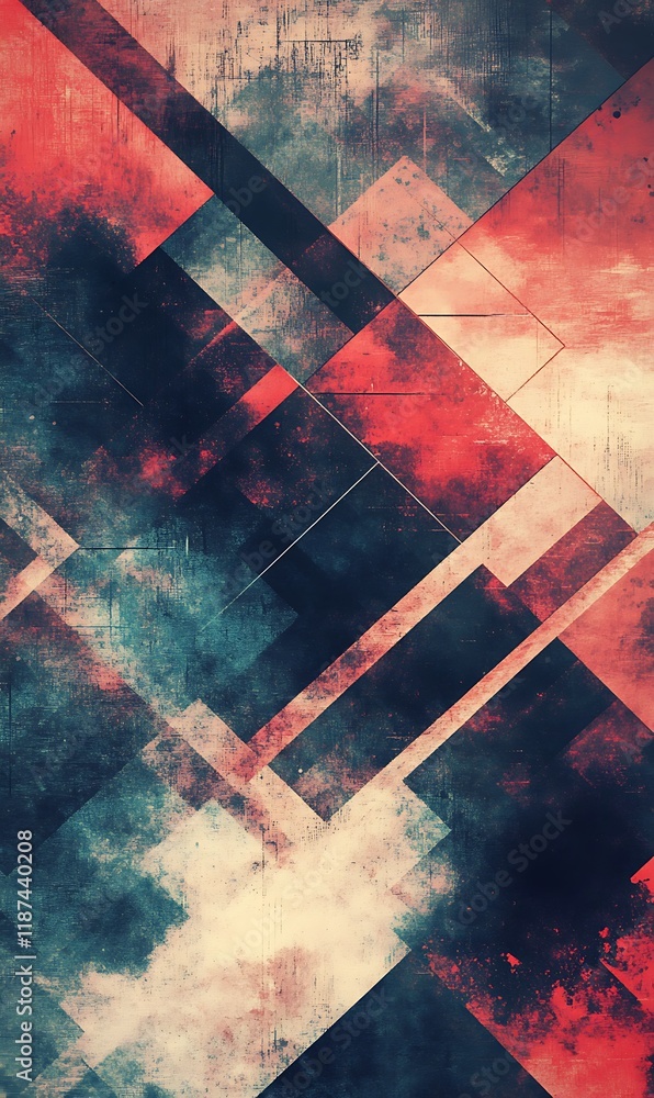 Poster a background with geometric shapes and diagonal lines in pastel hues, accented by bright neon colors