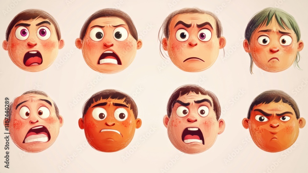 Poster A collection of cartoon characters with various facial expressions, ideal for use in presentations, educational materials and children's content