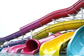 A vibrant water slide set amidst a pool environment