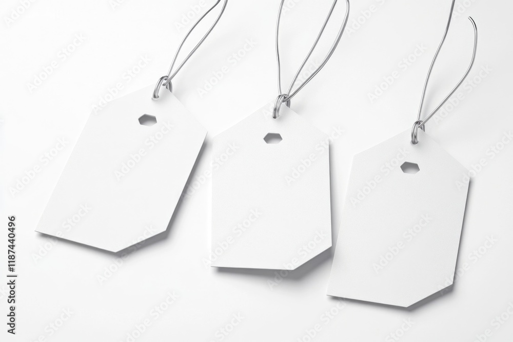 Poster three white tags hanging from a string on a white surface