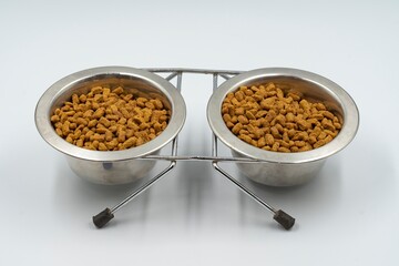 Dry food for domestic cats and dogs in a bowl on a white background
