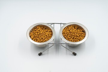 Dry food for domestic cats and dogs in a bowl on a white background