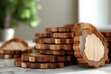 A pile of wooden coasters on a table, great for rustic or outdoorsy themed projects