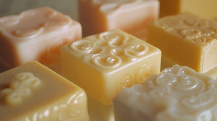 A close-up view of multiple soap bars stacked together