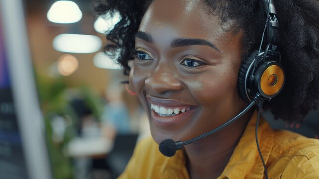 Smiling woman with headphones engaged in online tasks, providing assistance in customer service and tech support, while promoting telecom sales