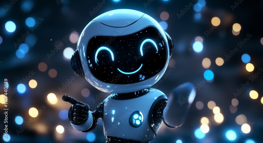 Poster a delightful, cuddly stock robot. the dialogue between humans and robots and the notion of machine l