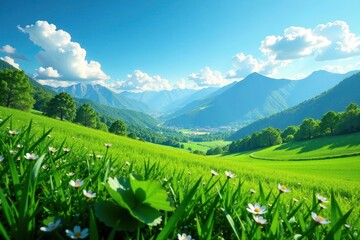 Fototapeta premium Mountains of plastic debris against lush green field, styrofoam, refuse, nature