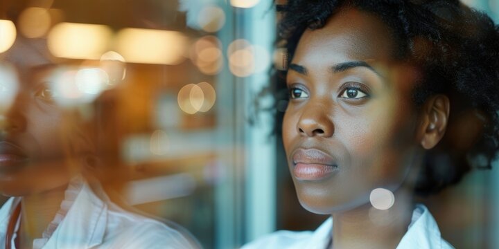 Medical professional contemplating future healthcare strategies at night by a clinic window, reflecting on wellness plans and innovative ideas, illustrated with AI-generated imagery
