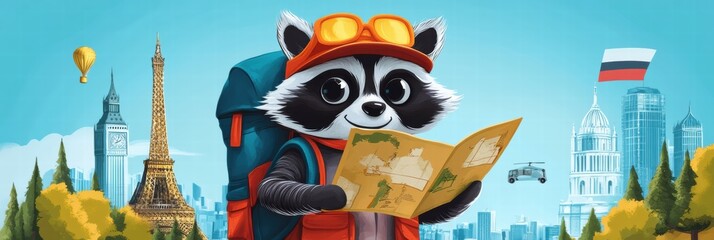 Raccoon exploring the world with a map and backpack in front of famous landmarks. Generative AI