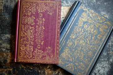 Fototapeta premium A couple of books placed on a wooden table, ready for reading or display