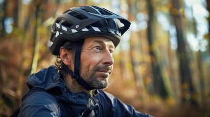 Cyclist in a helmet pauses during an off-road adventure, embracing action sports and the outdoors after training and racing