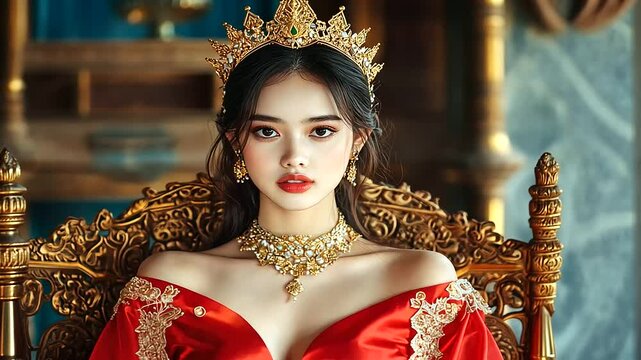 A serene woman from Thailand wearing a traditional Thai silk dress (chut thai), her intricate gold jewelry and detailed crown emphasizing her cultural roots.