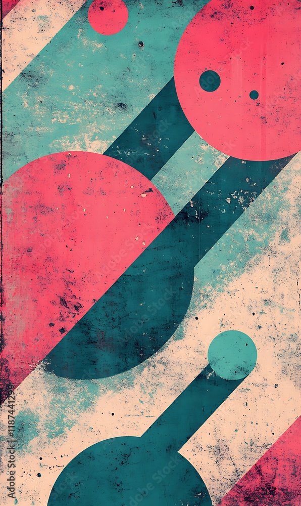 Poster floating circles and geometric shapes in hot pink and soft blue, with sharp diagonal lines, placed o