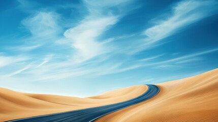 Naklejka premium A painting depicts a desert landscape featuring a central road and a blue sky overhead